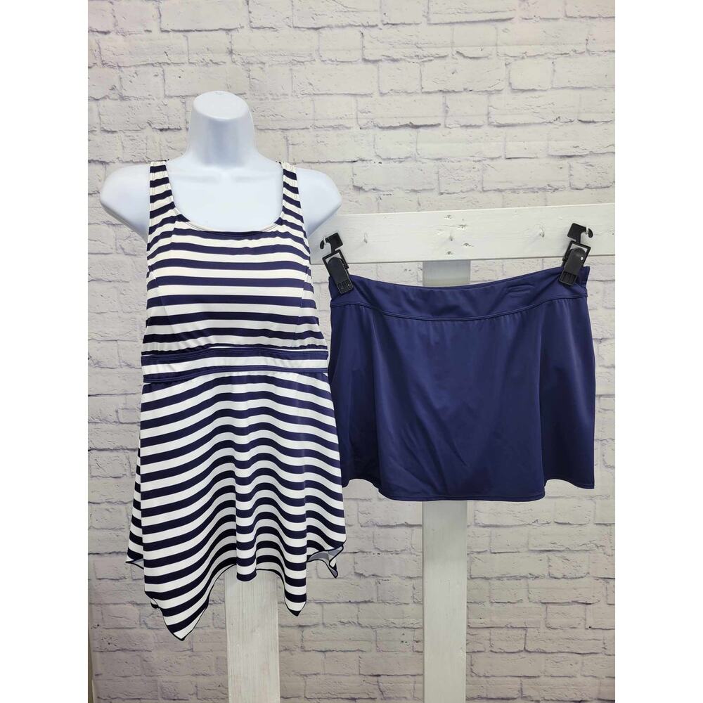 12R NAVY STRIPE A392813 Denim & Co Beach Handkerchief Hem Tankini Swim Skirt Set